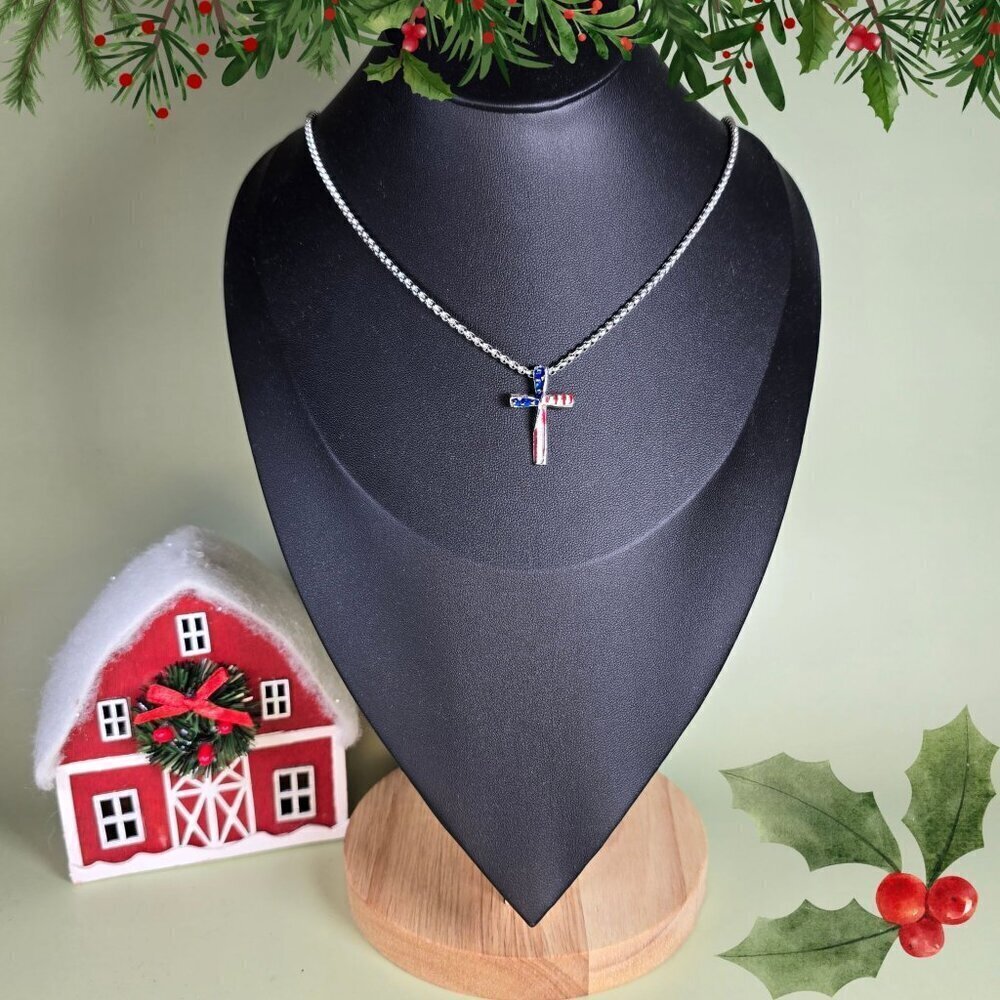 Patriotic Cross Necklace With American‎ Flag Design